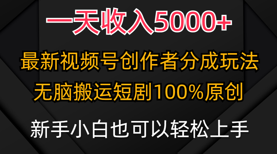 （9599期）一天收益5000 ，微信视频号原创者分为方案，全新100%原创设计游戏玩法，新手还可以轻…